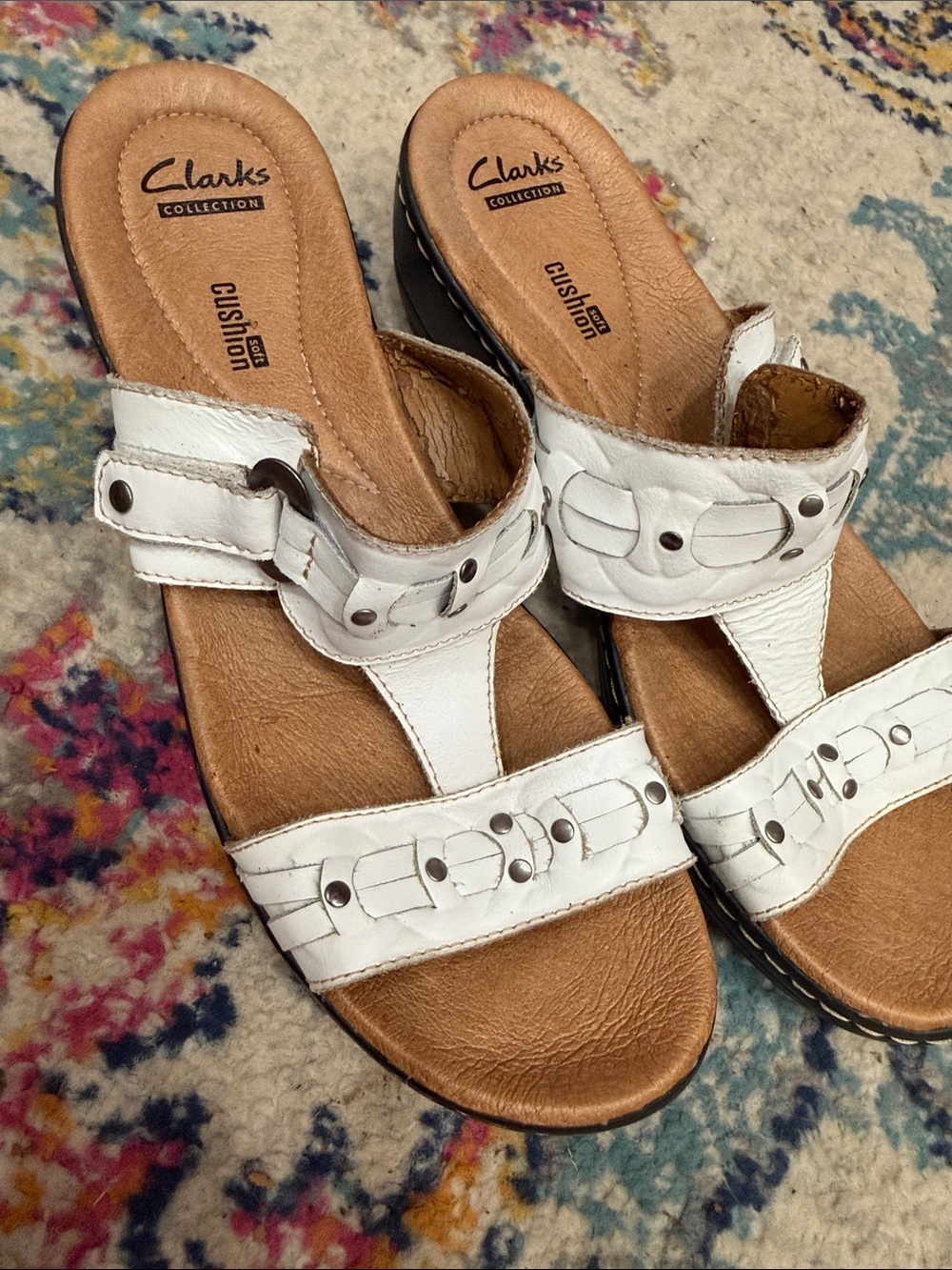 Clarks White Leather Studded Slip-On Mules